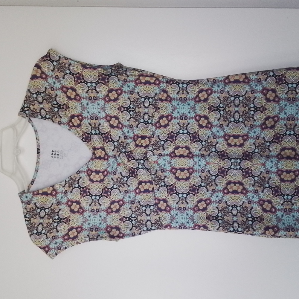 Title Nine Diamalete Cap Sleeve Gathered V-Neck Multi-color Print Dress Size XS